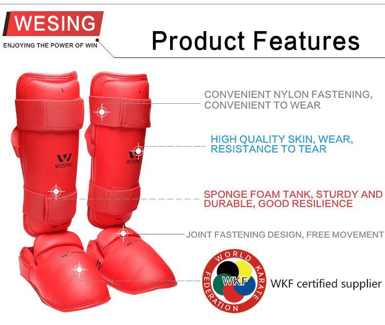 Morgan Wesing WKF Approved Shin and Instep guards in Blue and Red available at MMABOXING