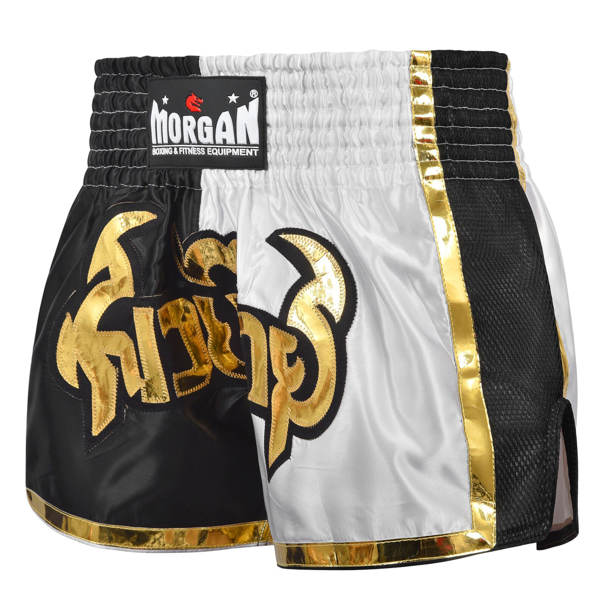 Morgan 50/50 Muay Thai Shorts showing poly-cotton construction and split side seams, available at MMABOXING