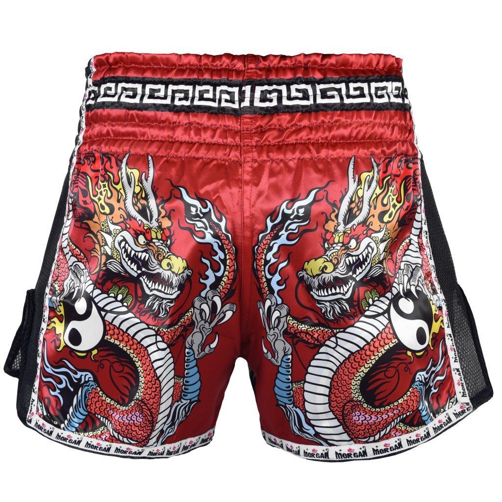 Morgan Red Dragon Muay Thai Shorts in red dragon design available at MMABOXING