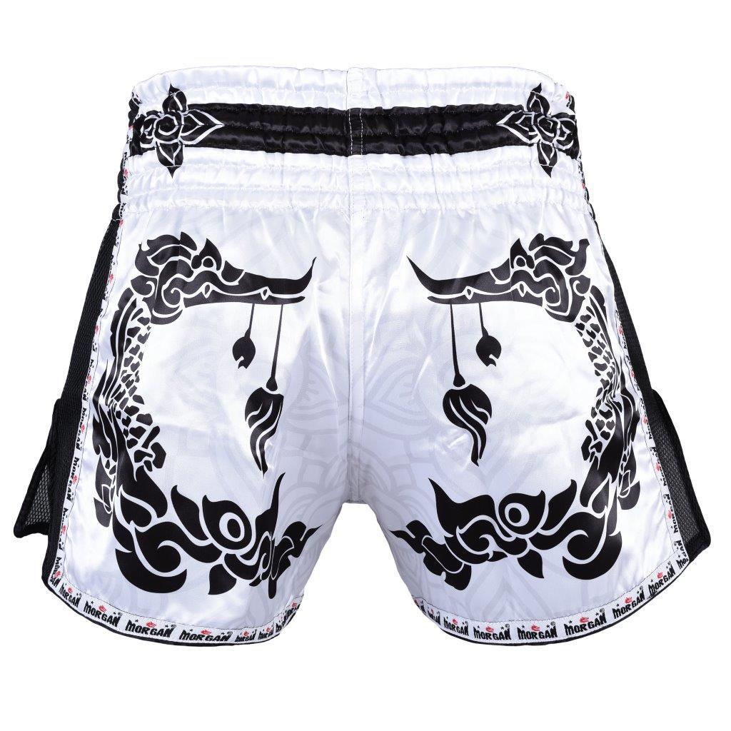 Morgan White Dragon Muay Thai Shorts in white dragon design available at MMABOXING