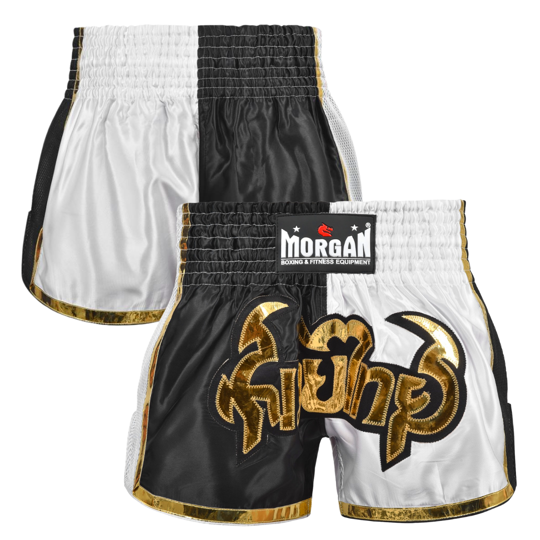 Morgan 50/50 Muay Thai Shorts showing poly-cotton construction and split side seams, available at MMABOXING