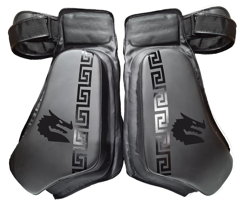 Morgan B2 Elite Thigh Guards pair for instructors and trainers, featuring 4-layer closed-cell foam and dual-format wear
