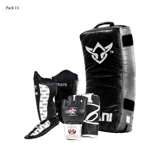 Mani Curved Kick Shield Shin Guards and MMA Gloves Bundle - training bundle for MMA and Kickboxing | MMABOXING
