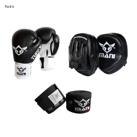 Mani Boxing Gloves and Leather PRO Pad Set - boxing gloves and focus pad bundle for boxing | MMABOXING