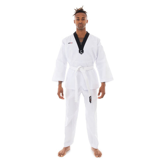 SMAI Classic 8oz V-Neck Ribbed Taekwondo Dobok in Black - martial arts uniforms product photo