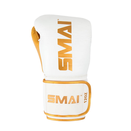 SMAI ProGuard White and Gold Boxing Gloves - detail view 3