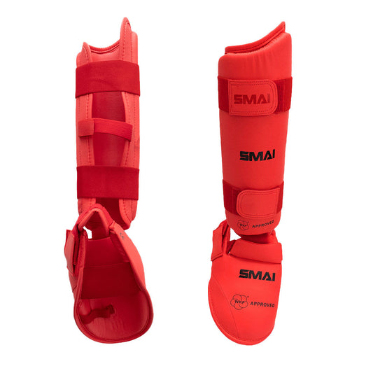 SMAI WKF Approved Karate Shin Instep Guard in Red - martial arts sparring gear product photo