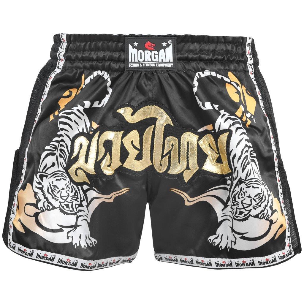 Morgan V2 Bengal Tiger Muay Thai Shorts featuring bold tiger graphic and deep side slits, available at MMABOXING