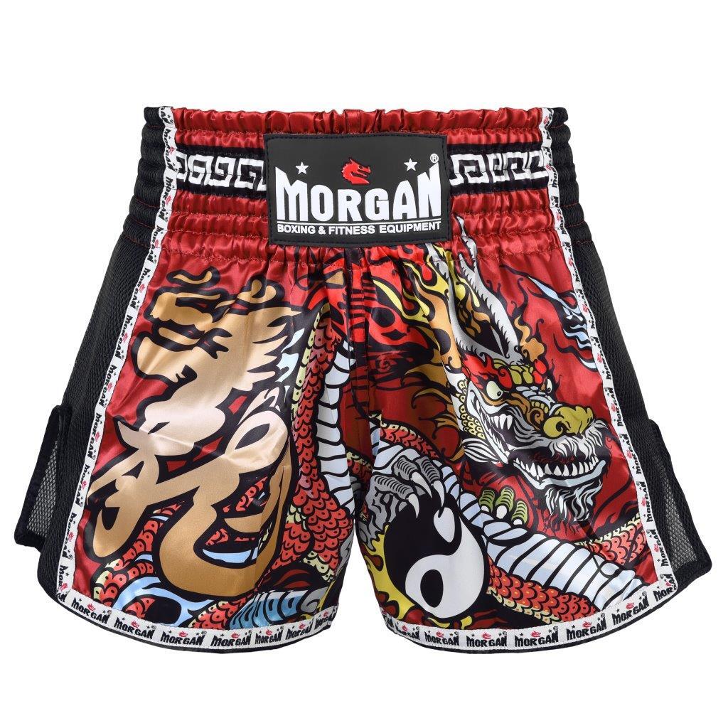 Morgan Red Dragon Muay Thai Shorts in red dragon design available at MMABOXING