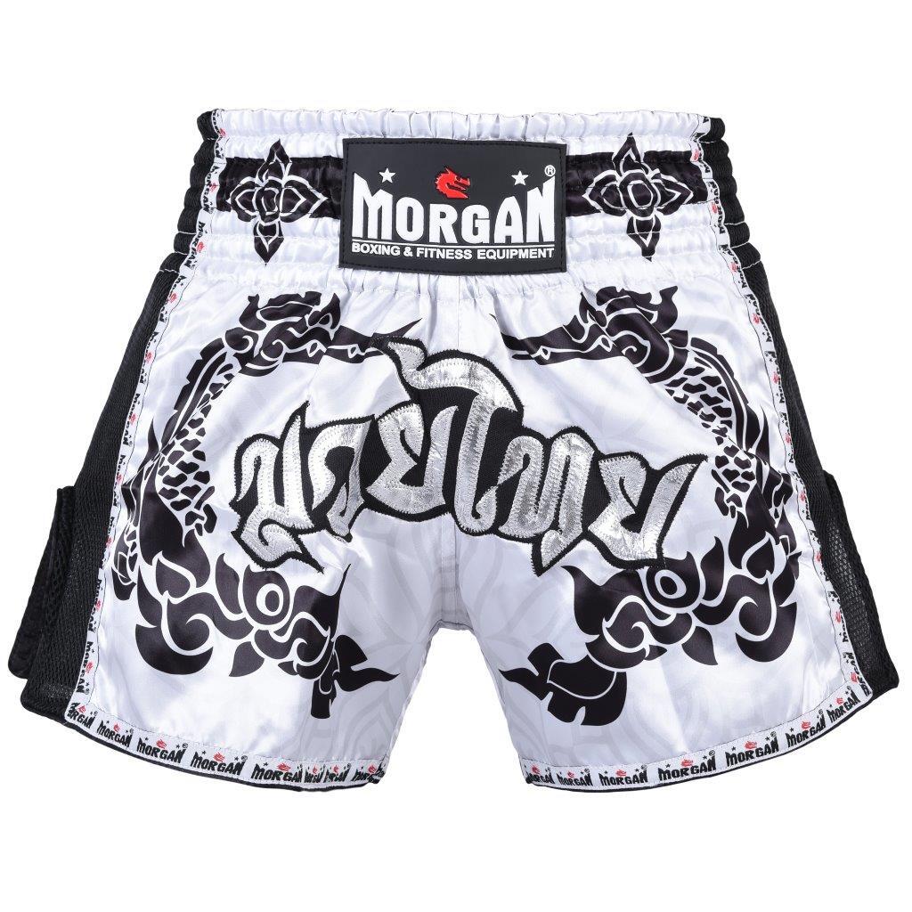 Morgan White Dragon Muay Thai Shorts in white dragon design available at MMABOXING