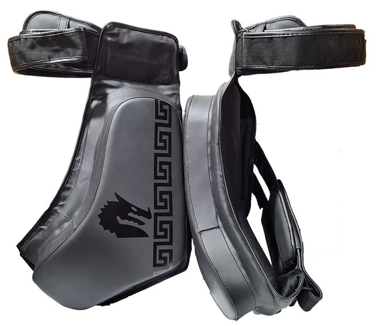 Morgan B2 Elite Thigh Guards pair for instructors and trainers, featuring 4-layer closed-cell foam and dual-format wear
