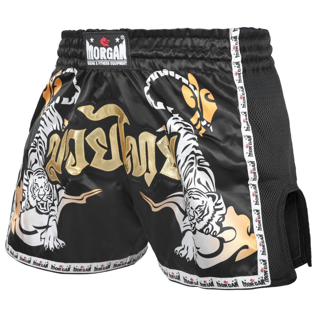 Morgan V2 Bengal Tiger Muay Thai Shorts featuring bold tiger graphic and deep side slits, available at MMABOXING