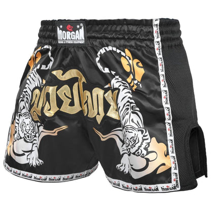 Morgan V2 Bengal Tiger Muay Thai Shorts featuring bold tiger graphic and deep side slits, available at MMABOXING