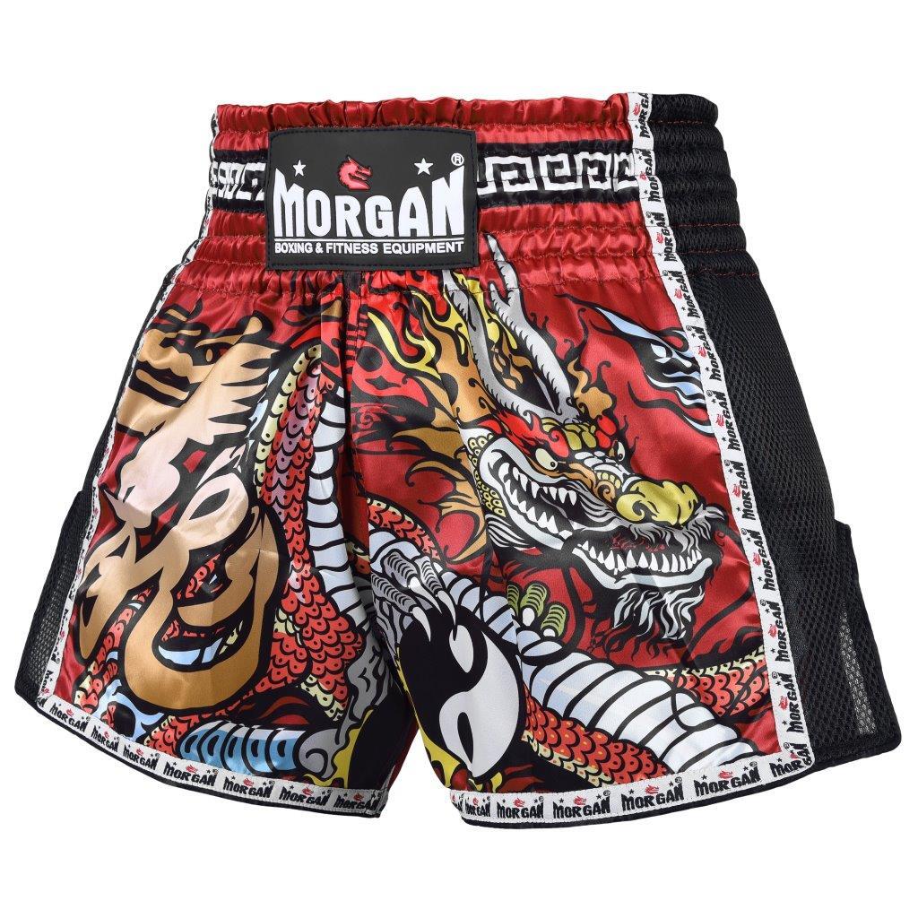 Morgan Red Dragon Muay Thai Shorts in red dragon design available at MMABOXING