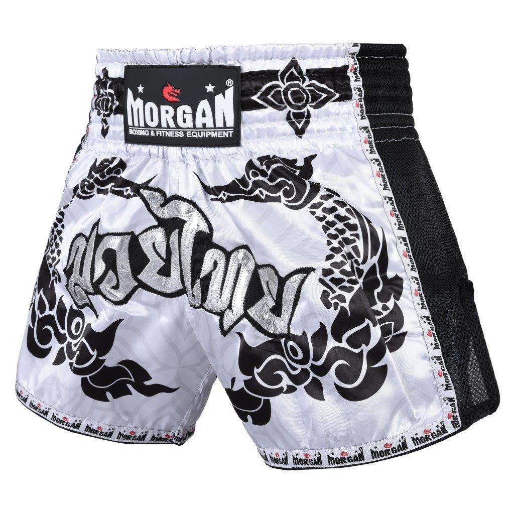 Morgan White Dragon Muay Thai Shorts in white dragon design available at MMABOXING