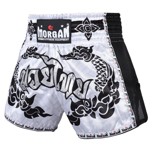 Morgan White Dragon Muay Thai Shorts in white dragon design available at MMABOXING