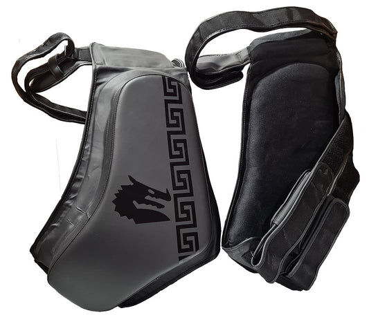 Morgan B2 Elite Thigh Guards pair for instructors and trainers, featuring 4-layer closed-cell foam and dual-format wear