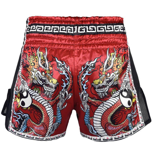 Morgan Red Dragon Muay Thai Shorts in red dragon design available at MMABOXING