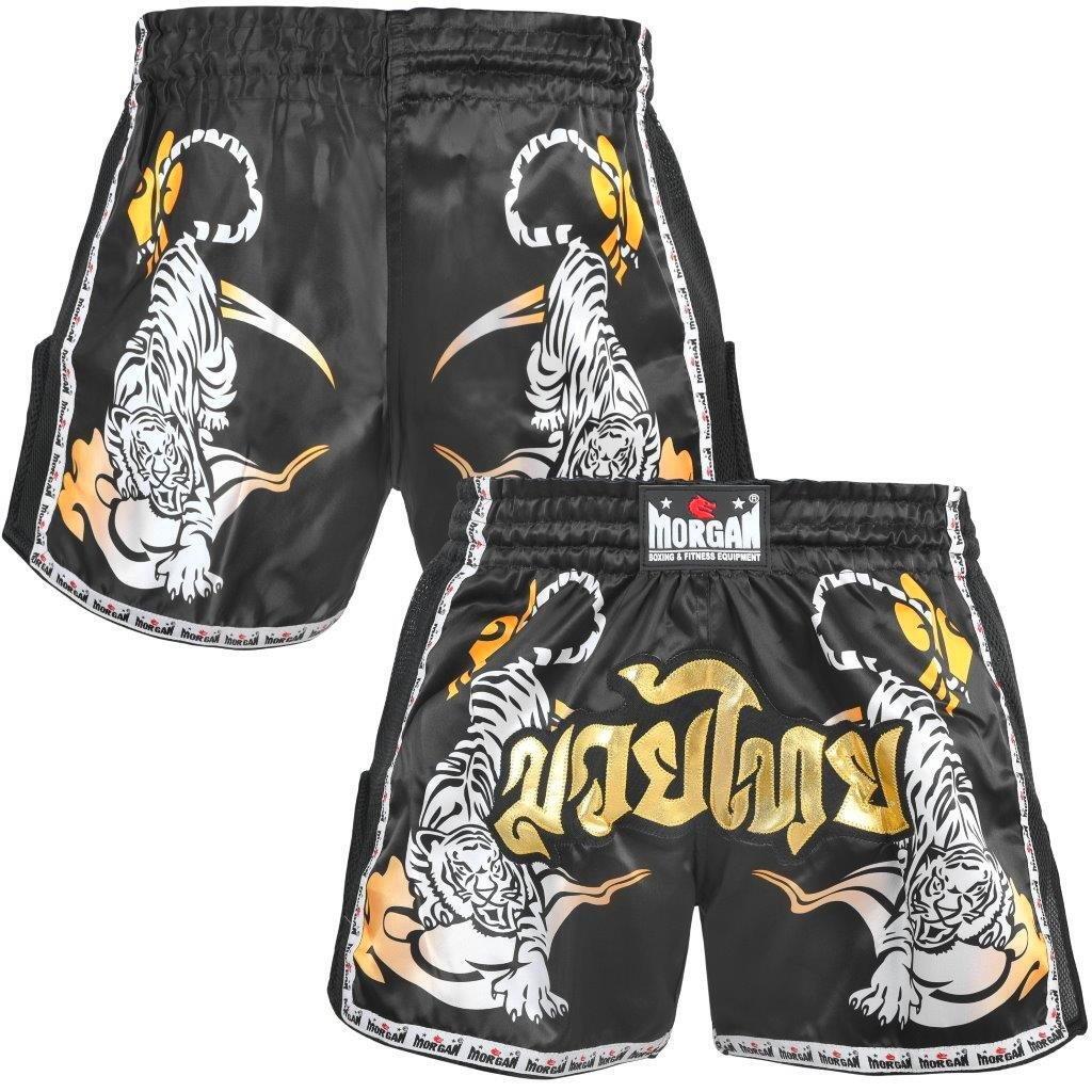 Morgan V2 Bengal Tiger Muay Thai Shorts featuring bold tiger graphic and deep side slits, available at MMABOXING