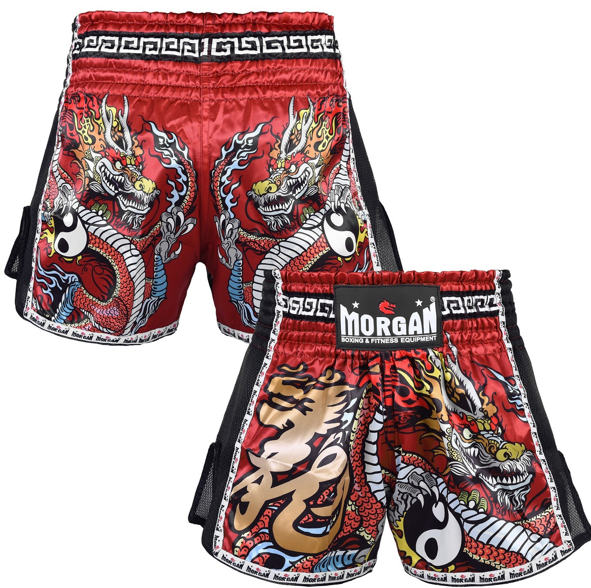 Morgan Red Dragon Muay Thai Shorts in red dragon design available at MMABOXING