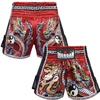 Morgan Red Dragon Muay Thai Shorts in red dragon design available at MMABOXING