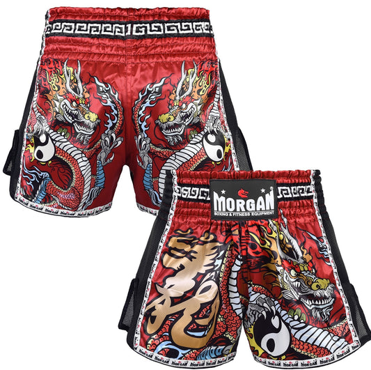 Morgan Red Dragon Muay Thai Shorts in red dragon design available at MMABOXING