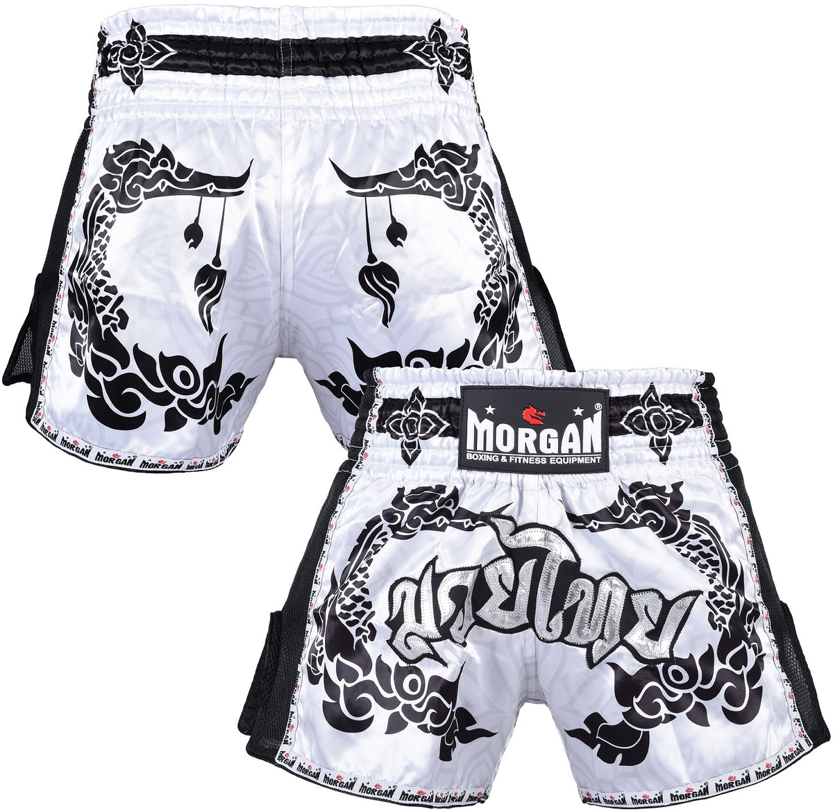 Morgan White Dragon Muay Thai Shorts in white dragon design available at MMABOXING