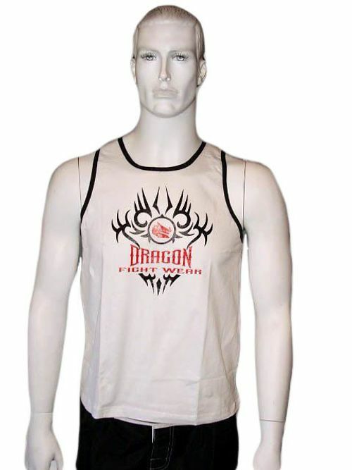 Morgan Dragon Singlet in White with bold dragon graphic, lightweight poly-cotton construction for boxing, MMA and gym training