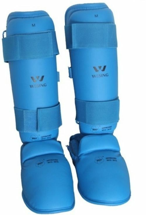 Morgan Wesing WKF Approved Shin and Instep guards in Blue and Red available at MMABOXING
