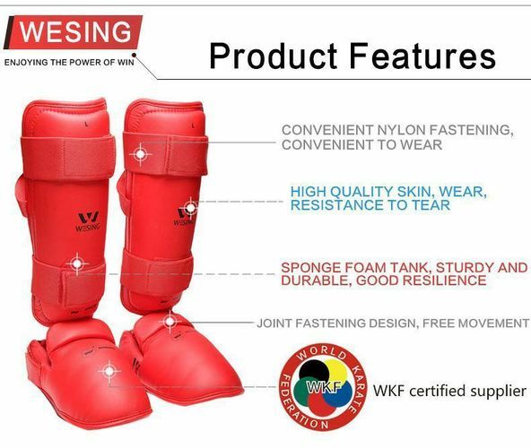 Morgan Wesing WKF Approved Shin and Instep guards in Blue and Red available at MMABOXING