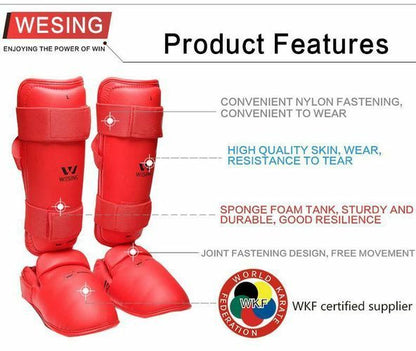 Morgan Wesing WKF Approved Shin and Instep guards in Blue and Red available at MMABOXING